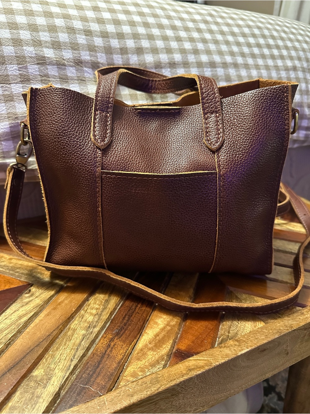 Portland Leather Lola Brown Pebbled Leather Crossbody Tote Nutmeg